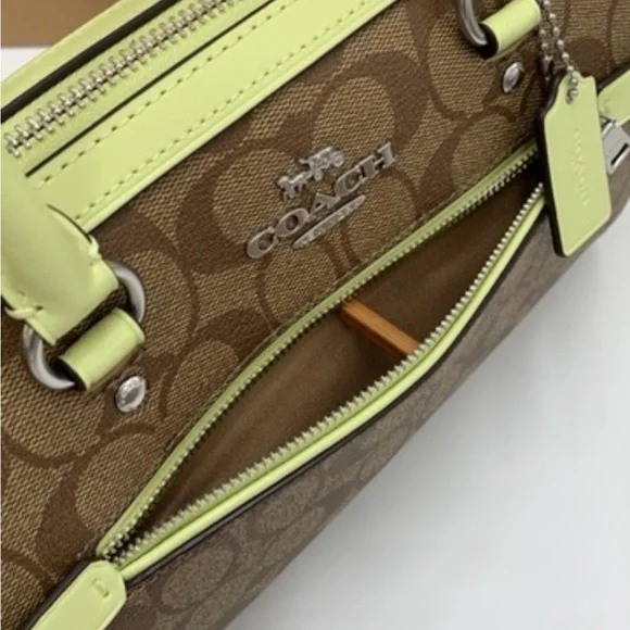 COACH  (83607) Rowan Khaki/Pale Lime Signature Medium Satchel Crossbody Handbag - Picture 14 of 16